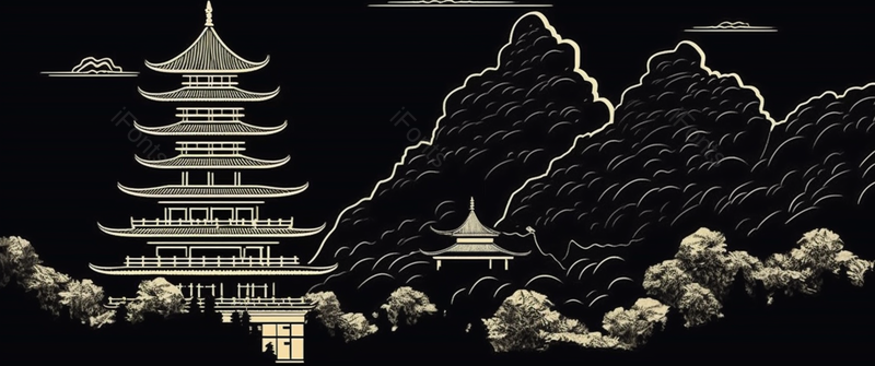 极简中国风古代高楼与山峰的横板插画壁纸,插画/手绘图,插画/手绘图库,插画/手绘图下载,插画/手绘